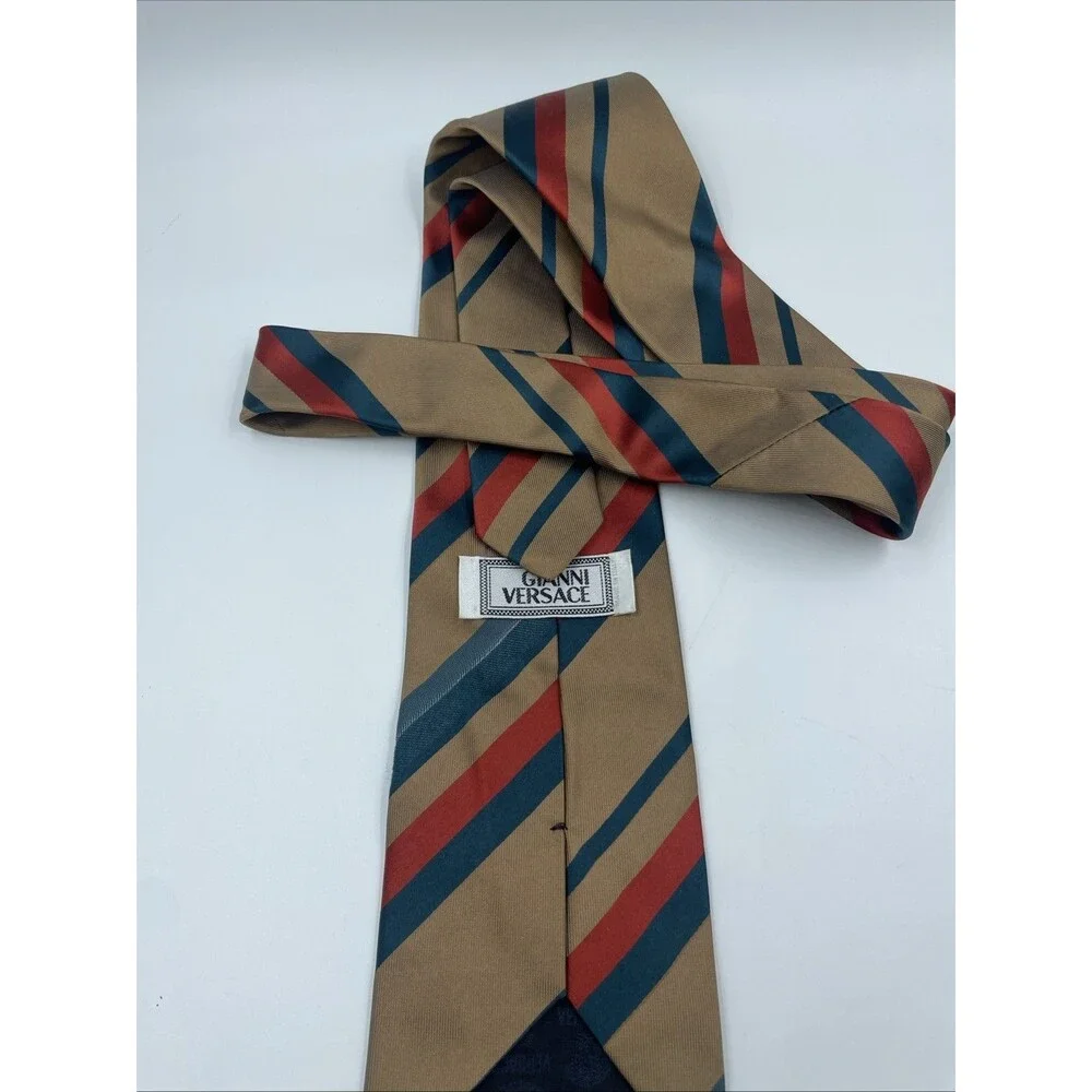 Gianni Versace Tie Men's 100% Silk Gold Brown W Red Blue Stripes Made in Italy